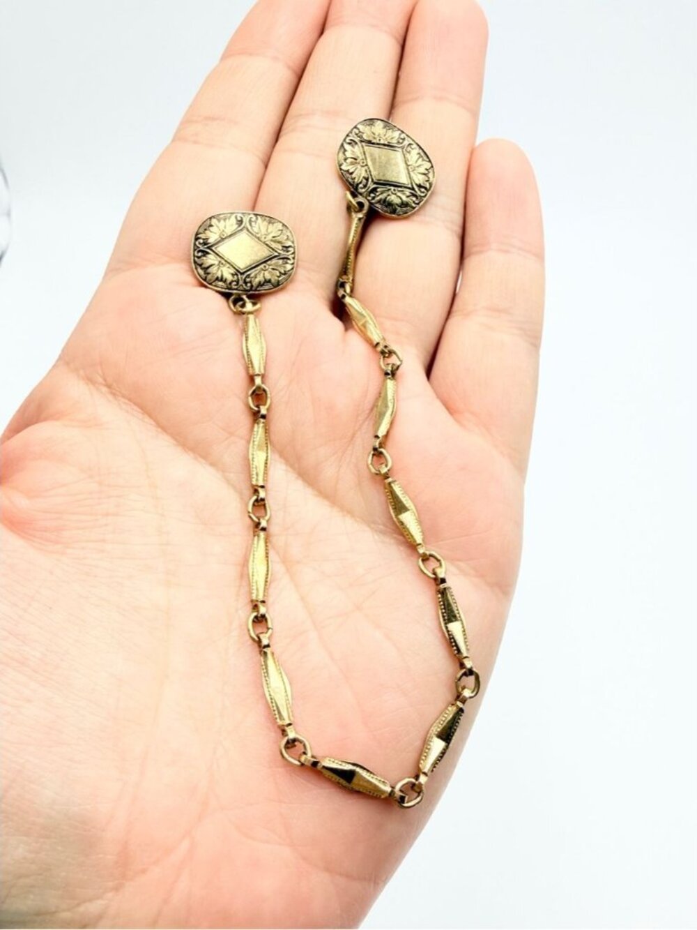 Vintage Gold Tone Sweater Guard Clip Chain Collar Pins